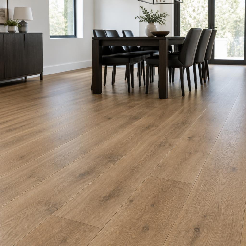 AI-generated laminate flooring inspiration, not a completed NK Flooring project